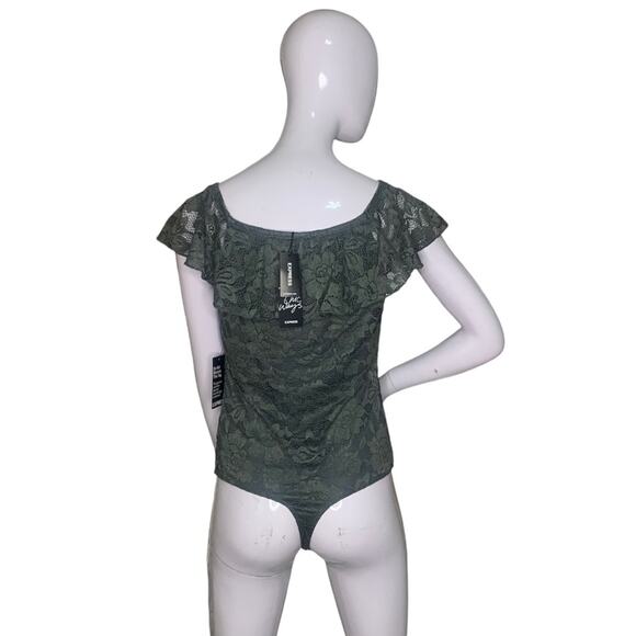 Express NWT Lace Bodysuit Multiway Olive Green Pullover Two Snap Buttons Size M - Picture 5 of 12